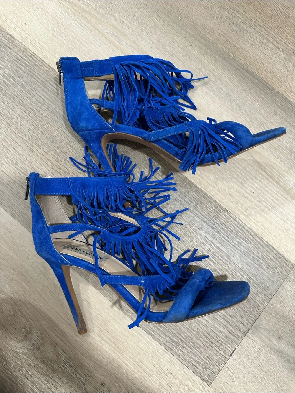 Blue Fringe Suede Steve Madden Stiletto High Heel Sandals - Women